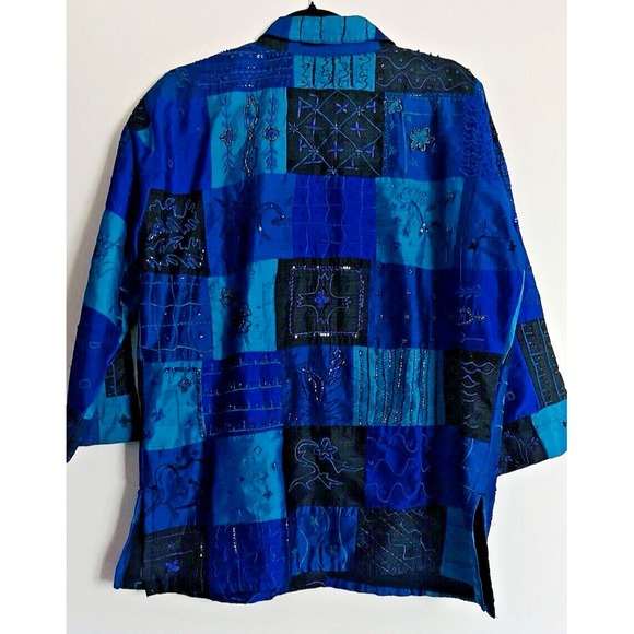 Chico's Silk Patchwork Tunic Top XL | Beaded Colorblock Button-Up Resort Artwear - Picture 4 of 6
